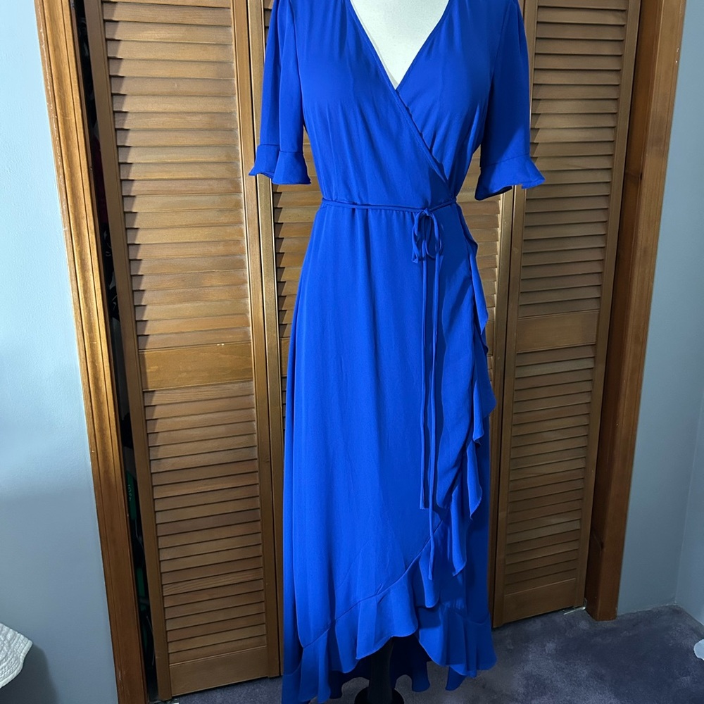 Lulu's Cobalt Blue Wrap Midi Dress with Ruffle Hem